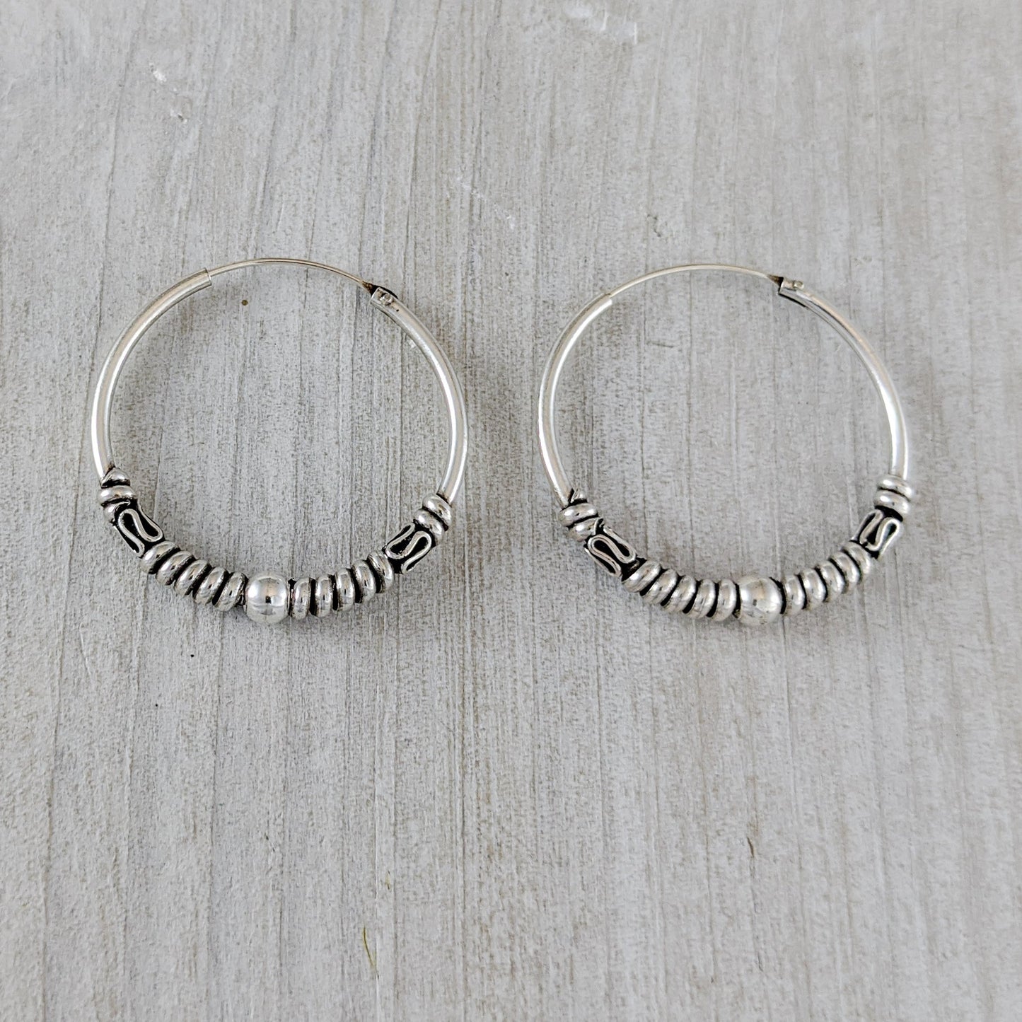 Medium Hoop Earrings with Roping & Ball in Sterling Silver