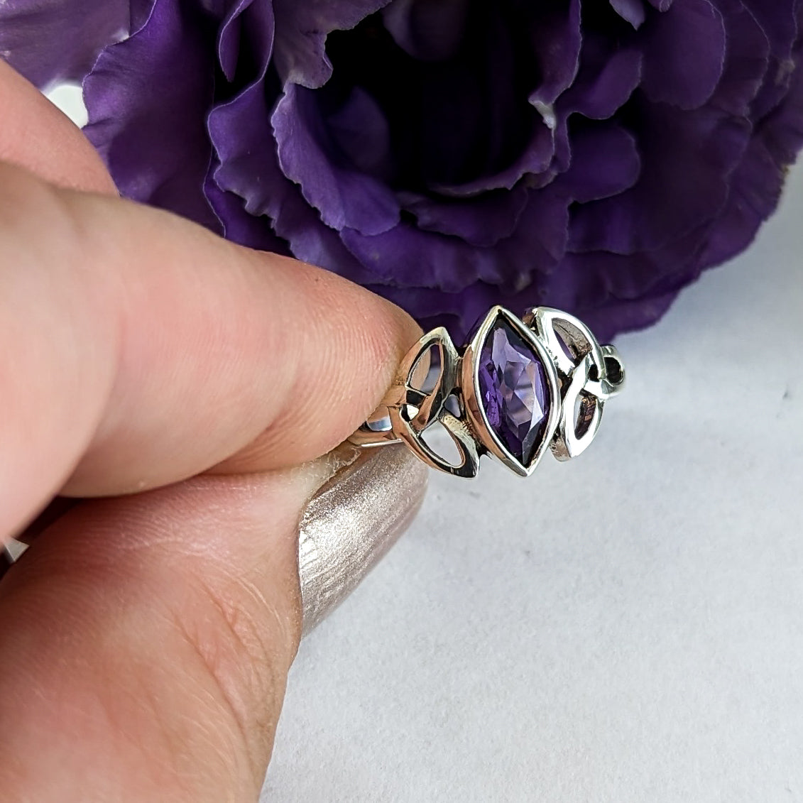 Trinity Knot & Marquise Amethyst Ring in Sterling Silver