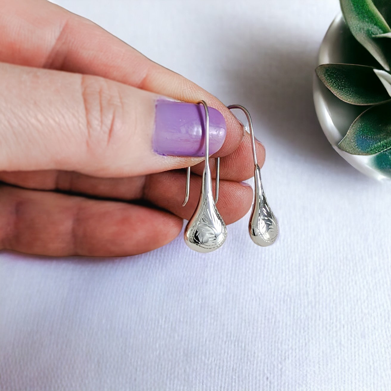 Contemporary Etched Sterling Silver Tear Drop Earrings