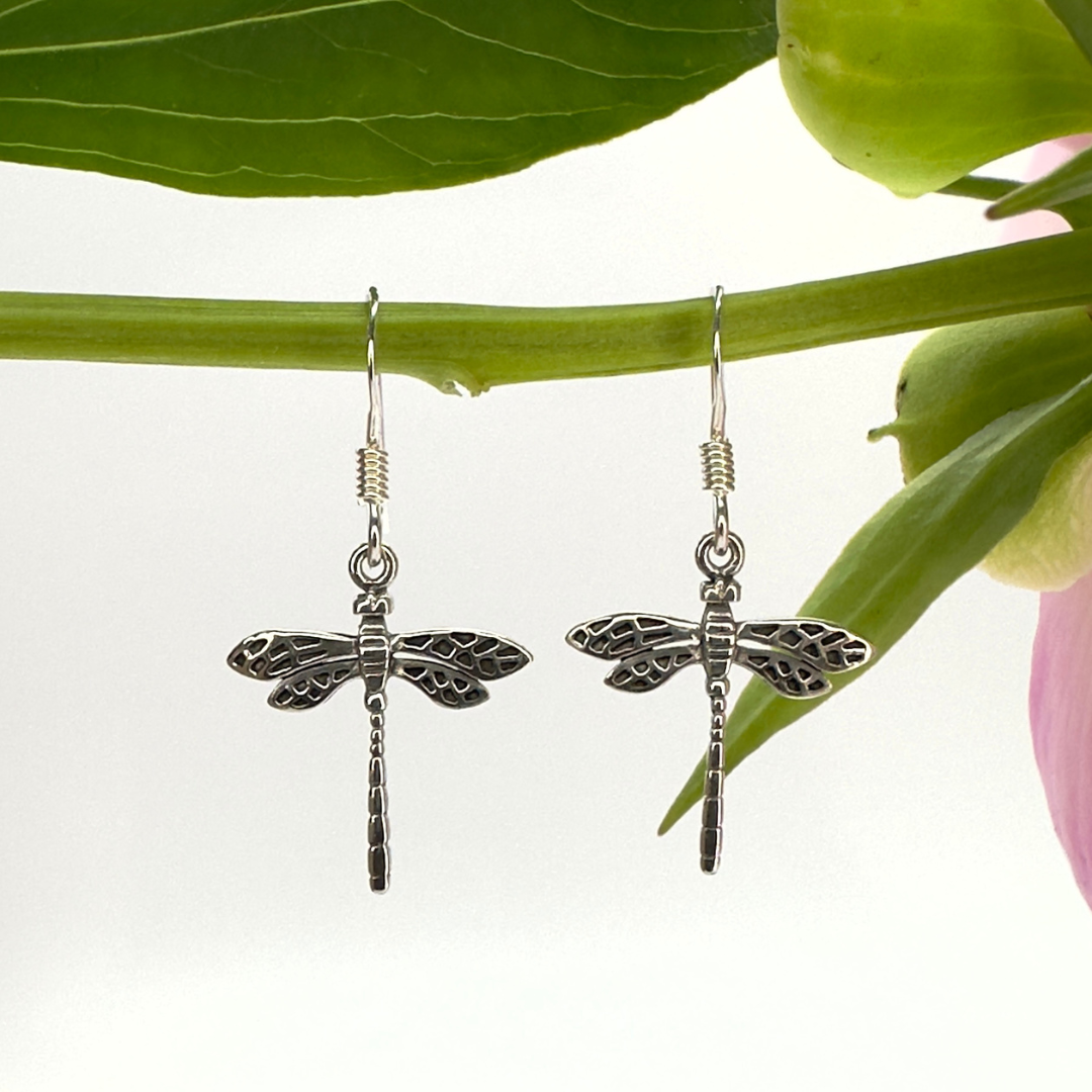 Dainty Antique-look Dragonfly Earrings in Sterling Silver