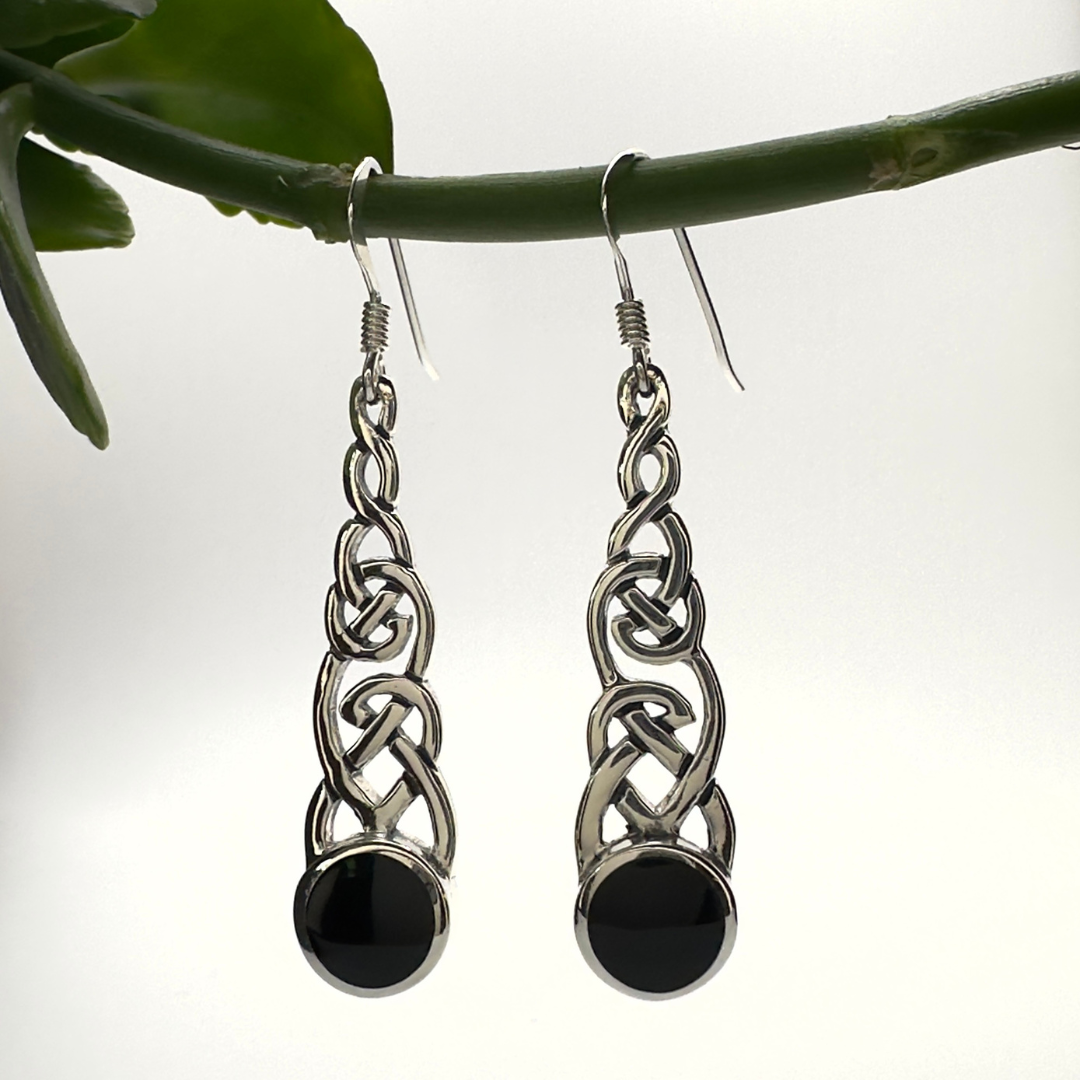 Long Celtic Knot with Black Onyx Earrings in Sterling Silver