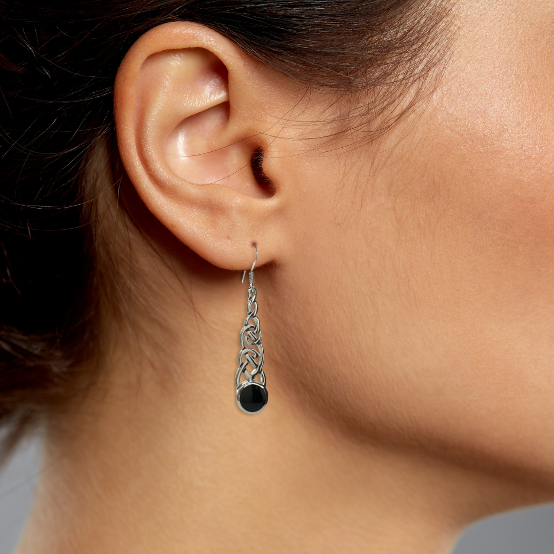 Long Celtic Knot with Black Onyx Earrings in Sterling Silver