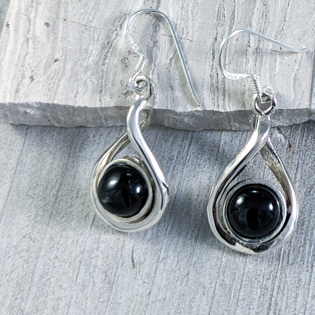 Black Onyx Twist Earrings, Sterling Silver