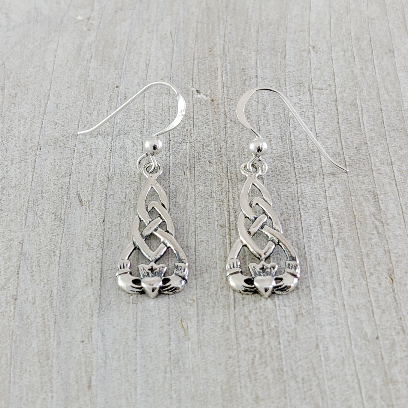 Long Celtic Knot with Claddagh Earrings in Sterling Silver