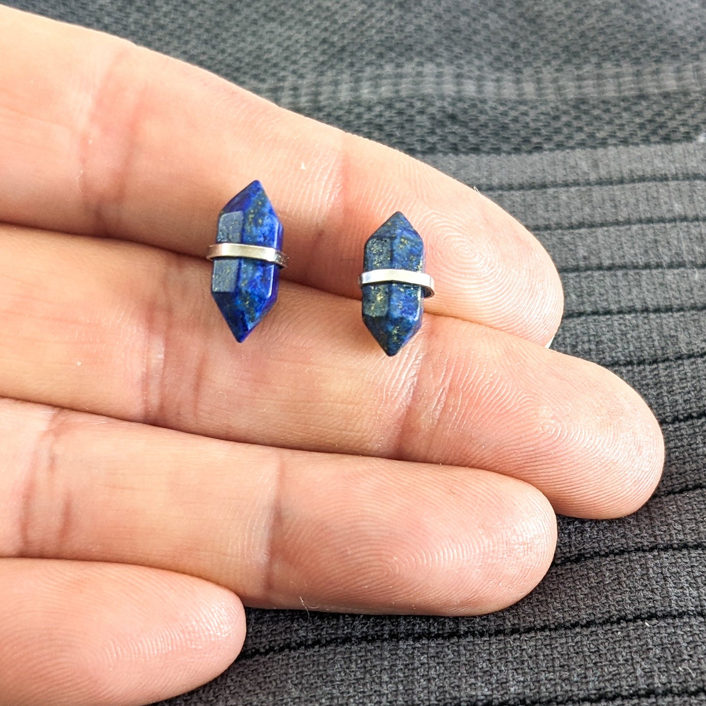 Banded Lapis Chunk Stud Earrings (medium), Sterling Silver