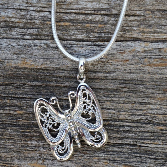 Butterfly with Filigree Wings Necklace in Sterling Silver