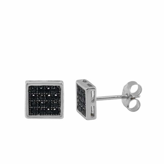 Black Grid Bling Stud Earrings in Sterling Silver