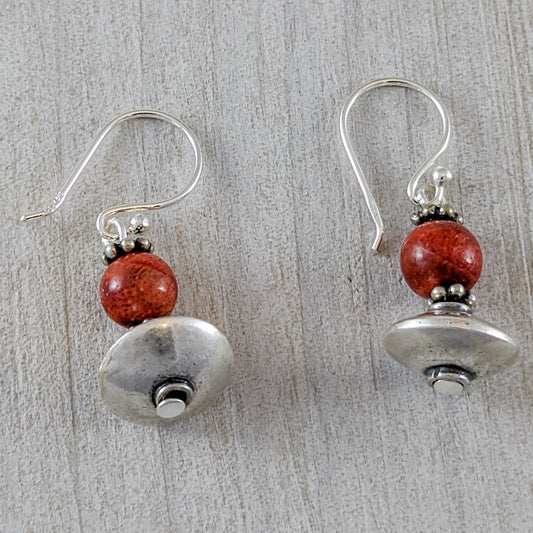 Red Coral & Sterling Silver Bead Earrings