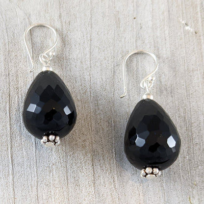 Black Quartz Earrings, Sterling Silver