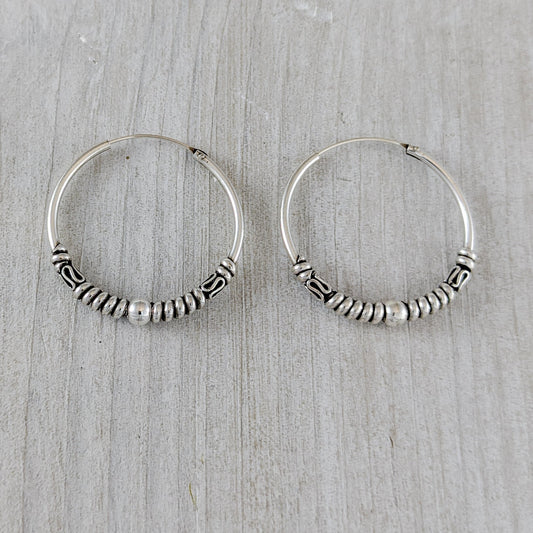 Medium Hoop Earrings with Roping & Ball, Sterling Silver