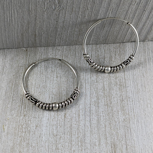 Medium Hoop Earrings with Roping & Ball in Sterling Silver