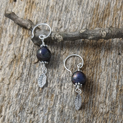 Grey Cultured Pearl with Small feather Earrings in Sterling Silver