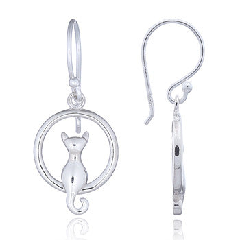 Full Moon Cat Earrings, Sterling Silver