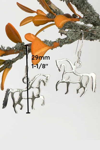 Silver horse-shaped earrings with a measurement indicator on a white background.