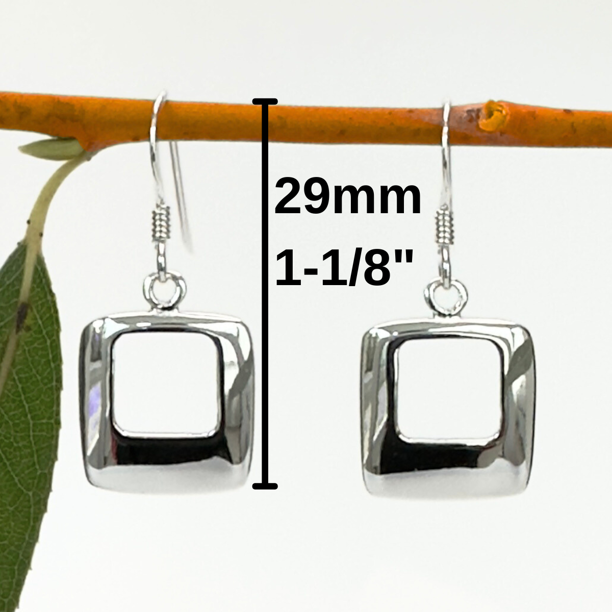 Silver square earrings on a branch with measurements indicated.