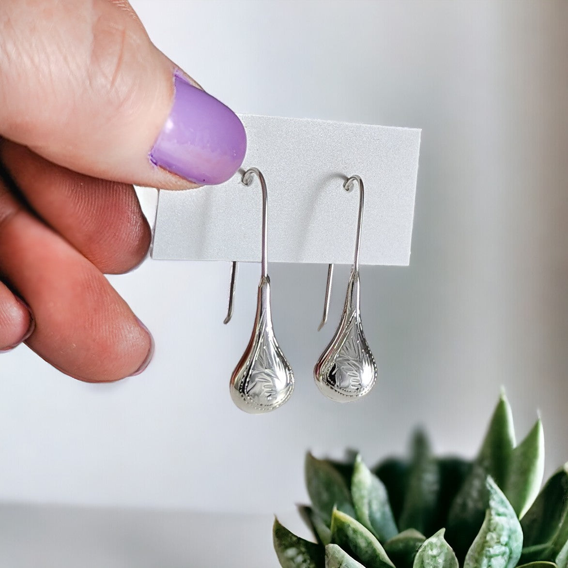 Contemporary Etched Sterling Silver Tear Drop Earrings