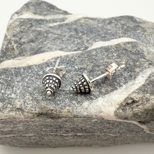 Silver stud earrings on a piece of gray stone