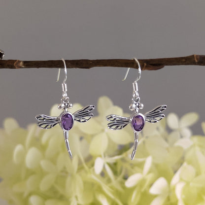 Dragonfly with Amethyst Earrings in Sterling Silver