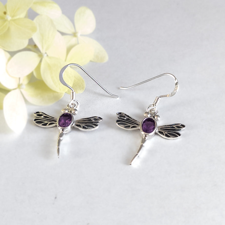 Dragonfly with Amethyst Earrings in Sterling Silver