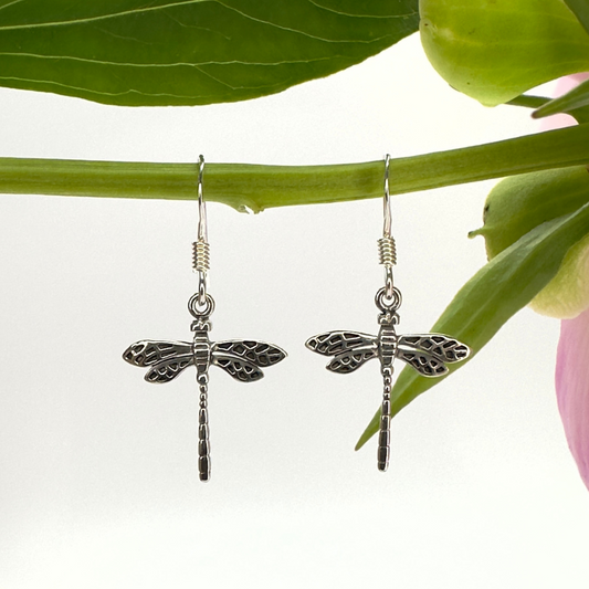 Dainty Antique-look Dragonfly Earrings in Sterling Silver