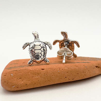 Two turtle-shaped earrings on a piece of driftwood with a white background
