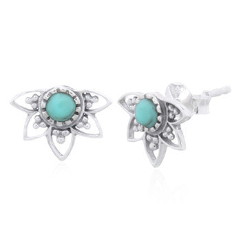 Bloom with Calm, Lotus Turquoise Stud Earrings in Sterling Silver