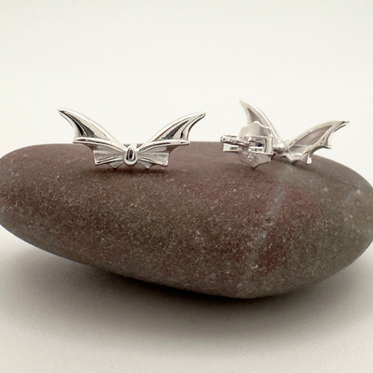Silver earrings on a brown stone with a white background