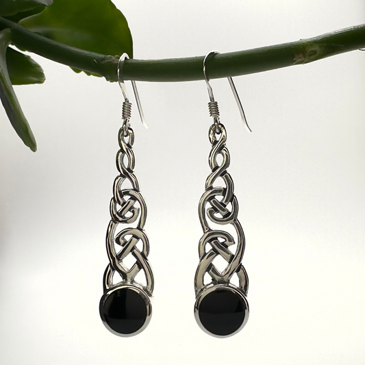 Long Celtic Knot with Black Onyx Earrings in Sterling Silver
