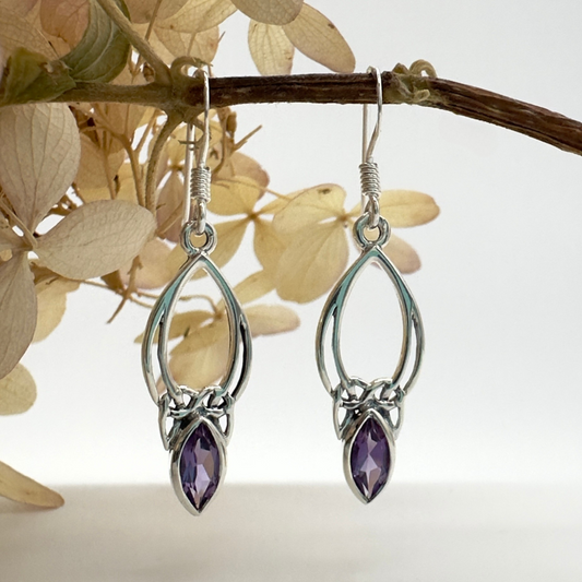 Pointed Knot Drop with Amethyst Earrings in Sterling Silver