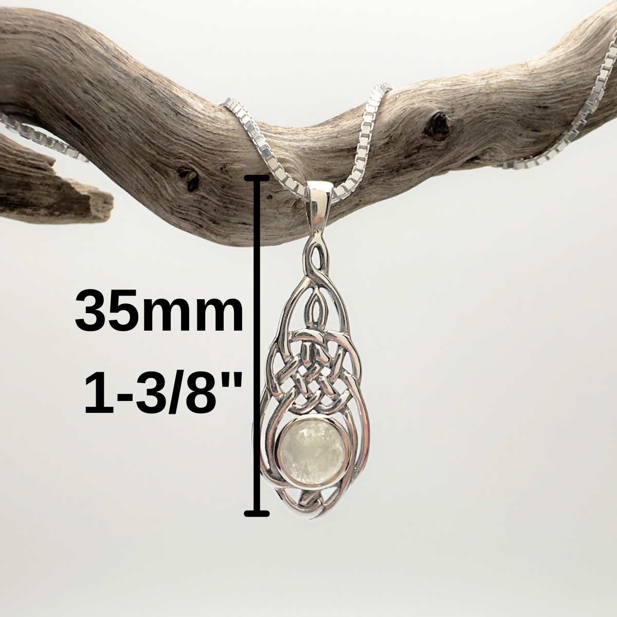 Silver pendant with measurement details on a branch