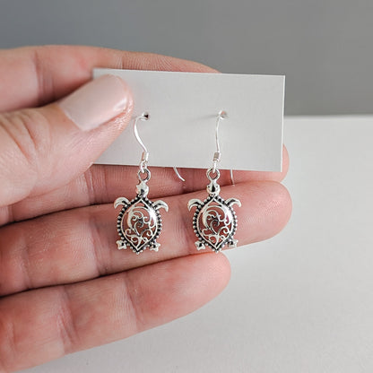 Filigree Back Turtle Earrings in Sterling Silver