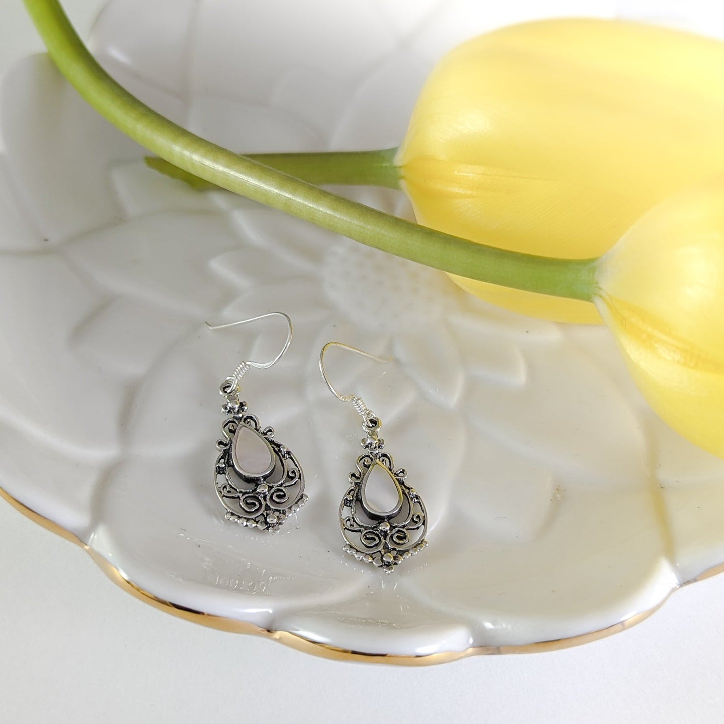 Vintage-look Filigree Earrings with White Shell Teardrop in Sterling Silver