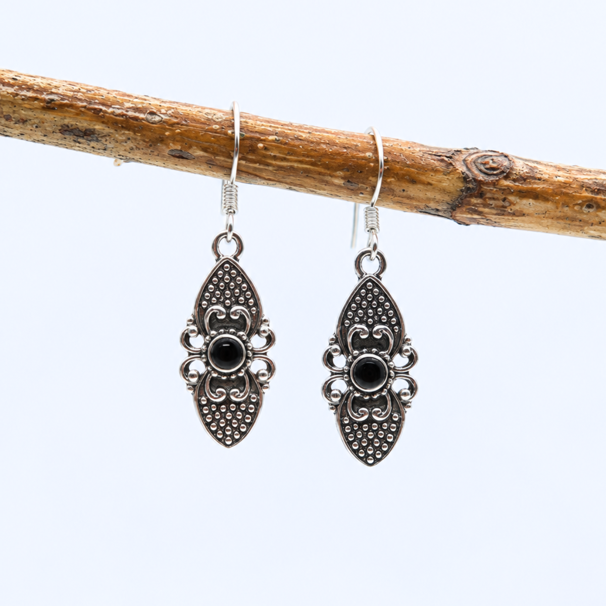 Vintage Detail Black Onyx Earrings in Sterling Silver