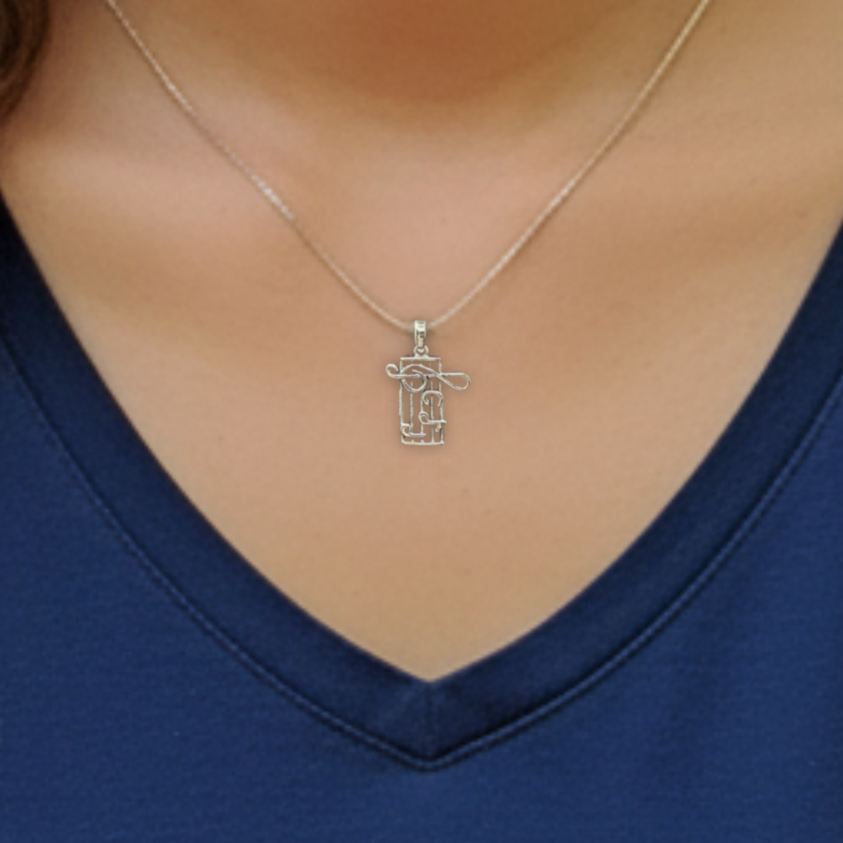 Silver necklace with a pendant worn by a person against a blue shirt background