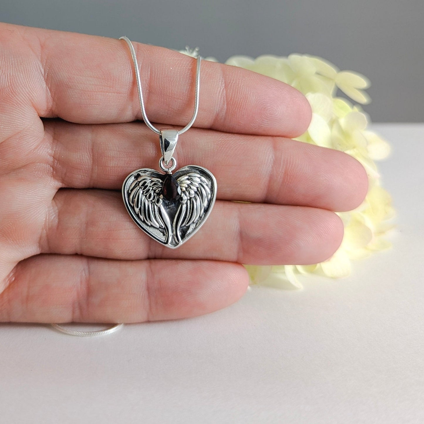 Angel Wings with Garnet Stone Necklace in Sterling Silver