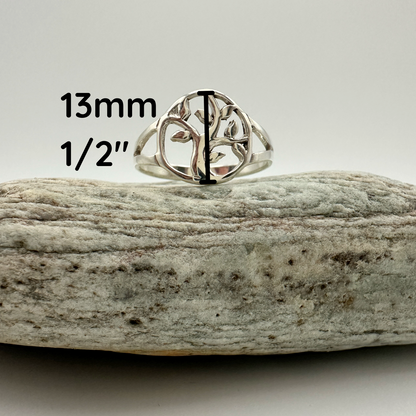 Silver tree-of-life ring on a rock with measurements displayed