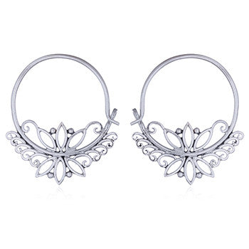 Filigree Flower Hoop Earrings, Sterling Silver