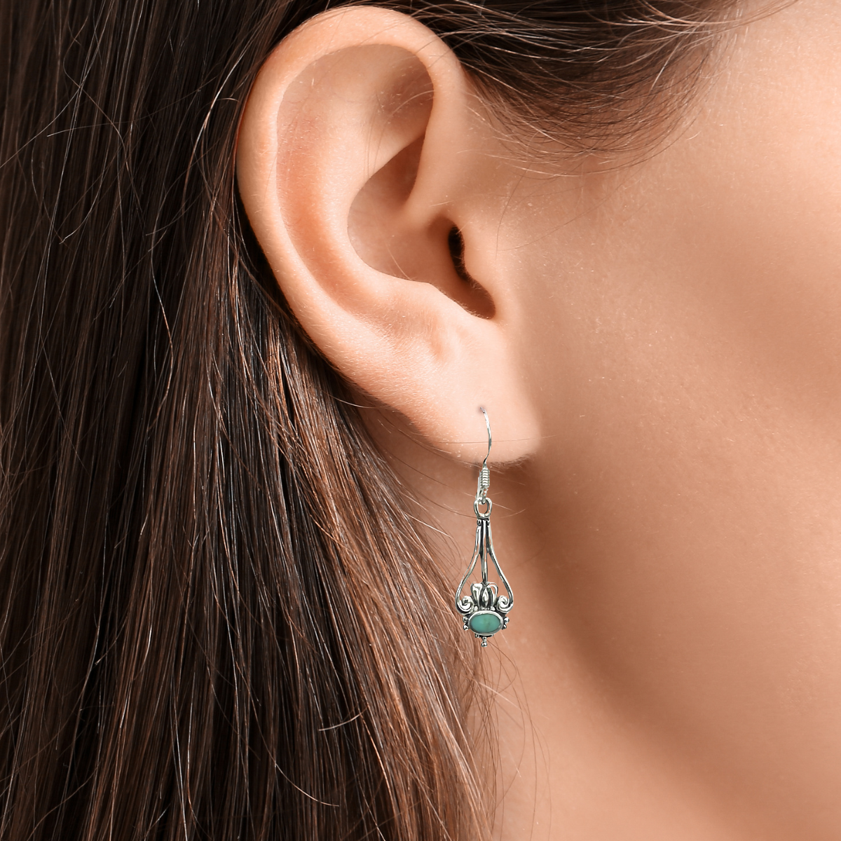 Turquoise Scroll Drop Earrings – Sterling Silver Vintage Style