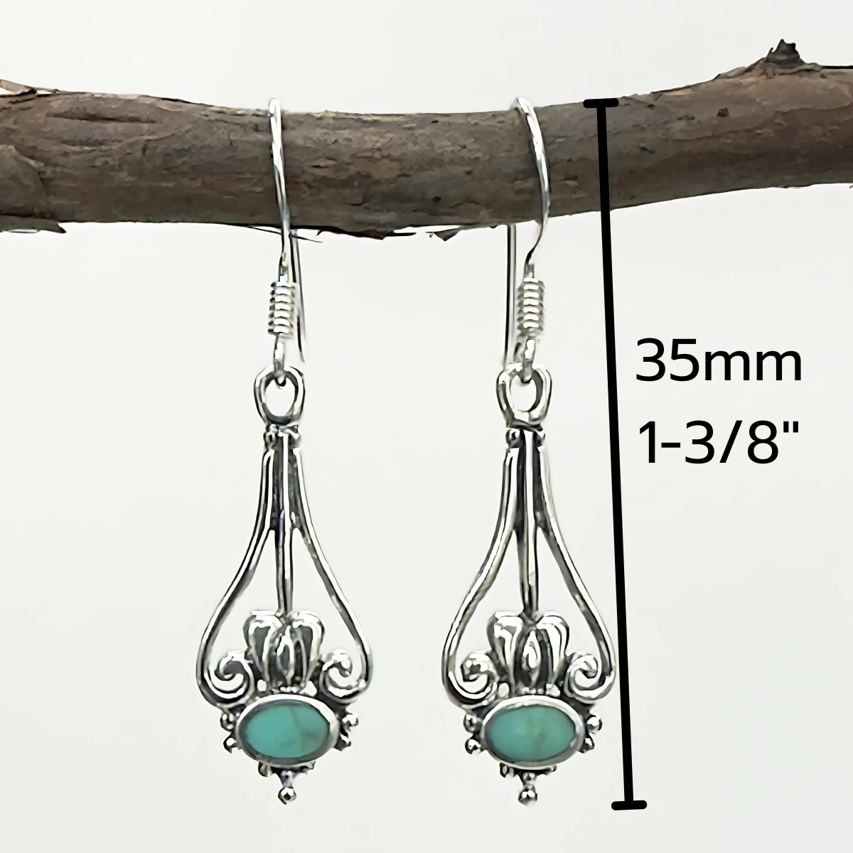 Turquoise Scroll Drop Earrings – Sterling Silver Vintage Style