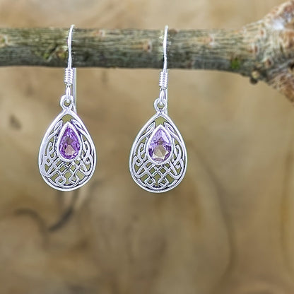 Celtic Tear Drop with Amethyst Earrings in Sterling Silver