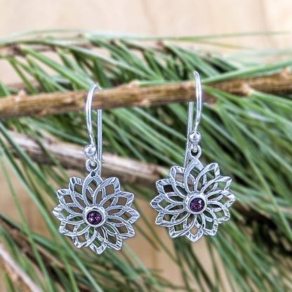 Pinwheel Flower with Amethyst Centre Earrings in Sterling Silver