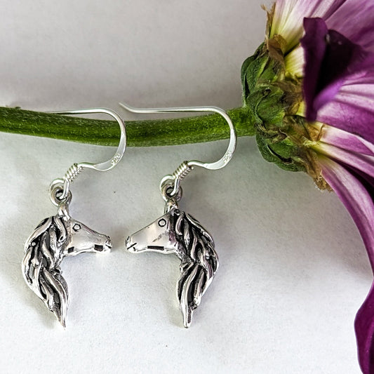 Flowing Mane Horse Head Earrings in Sterling Silver