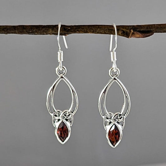 Pointed Knot Drop Earrings with Garnet in Sterling Silver