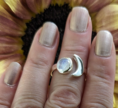 Moonstone & Crescent Moon Ring in Sterling Silver