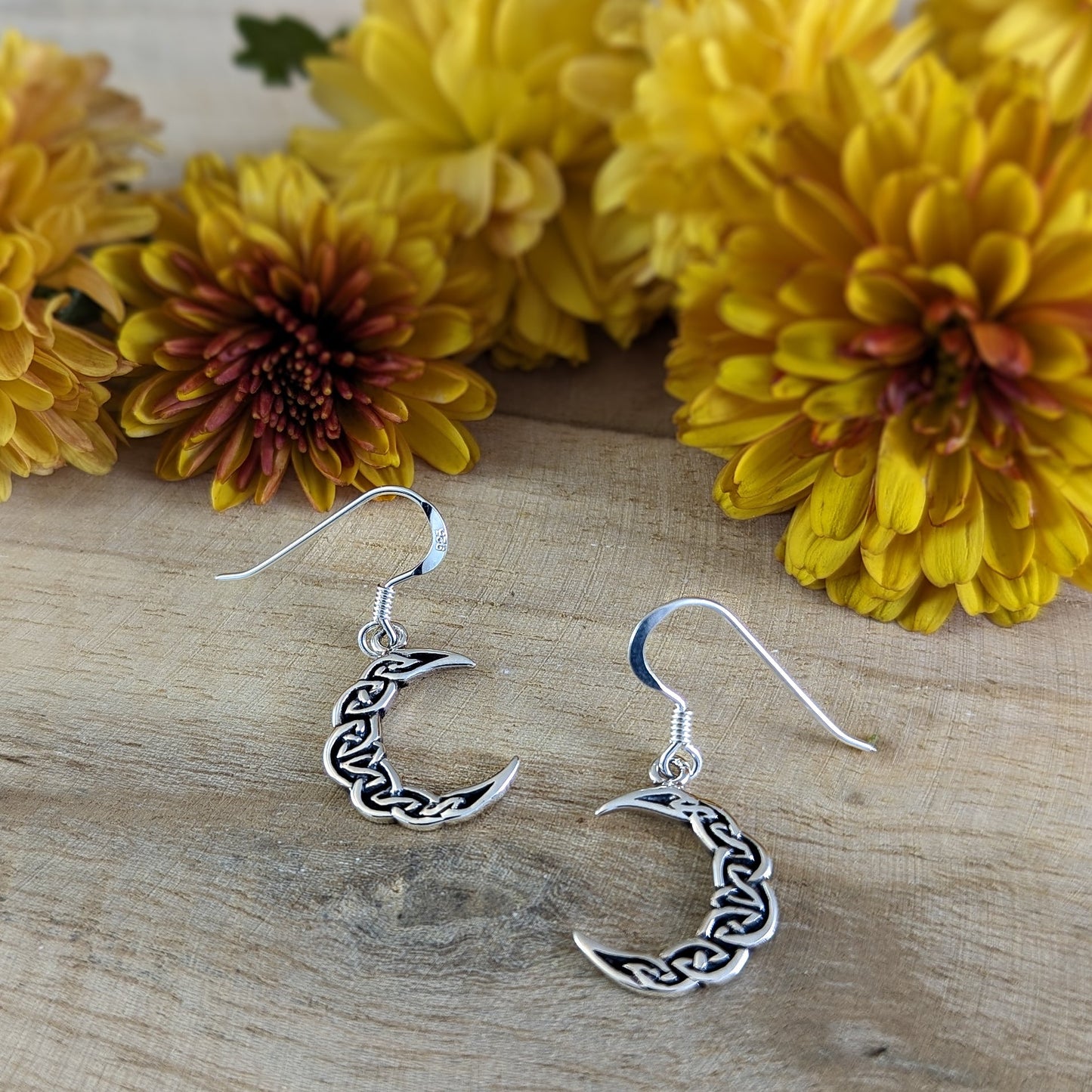 Celtic Knot Crescent Moon Earrings in Sterling Silver