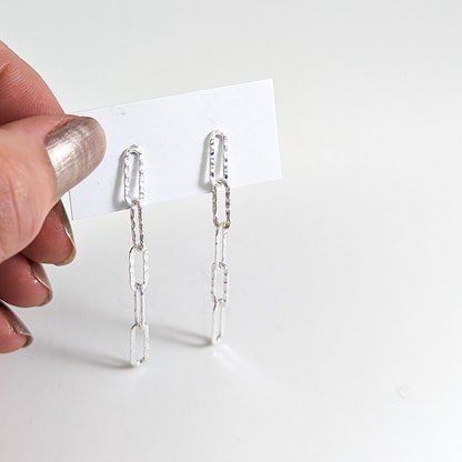 Hammered Paperclip Dangle Stud Earrings in Sterling Silver