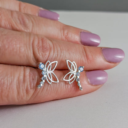 Sparkling Blue Dragonfly Stud Earrings in Sterling Silver