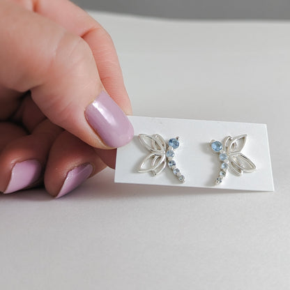 Sparkling Blue Dragonfly Stud Earrings in Sterling Silver